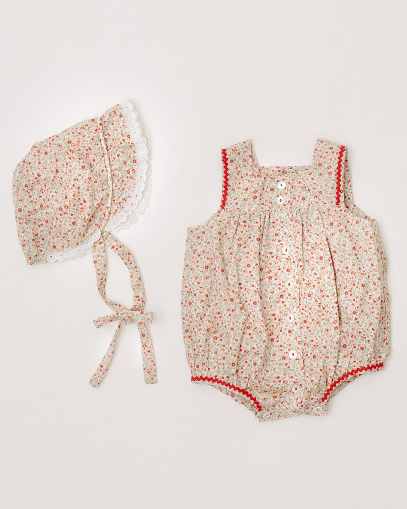Girl’s Ada Romper and Bonnet - Red Floral - Cella & Flo 